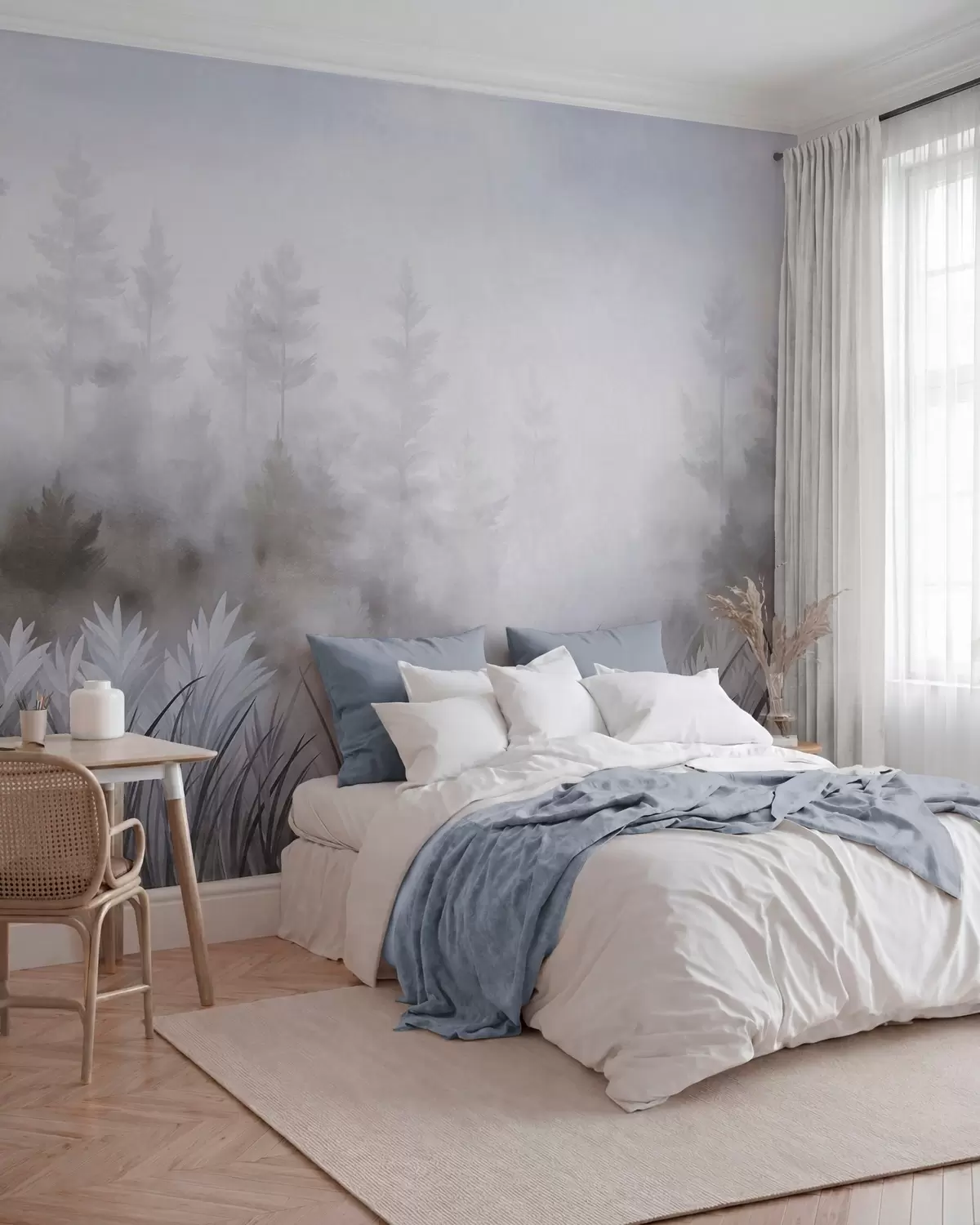 murais de parede Paisagem com gramíneas altas e uma floresta de pinheiros, em estilo minimalista com textura w10082v1