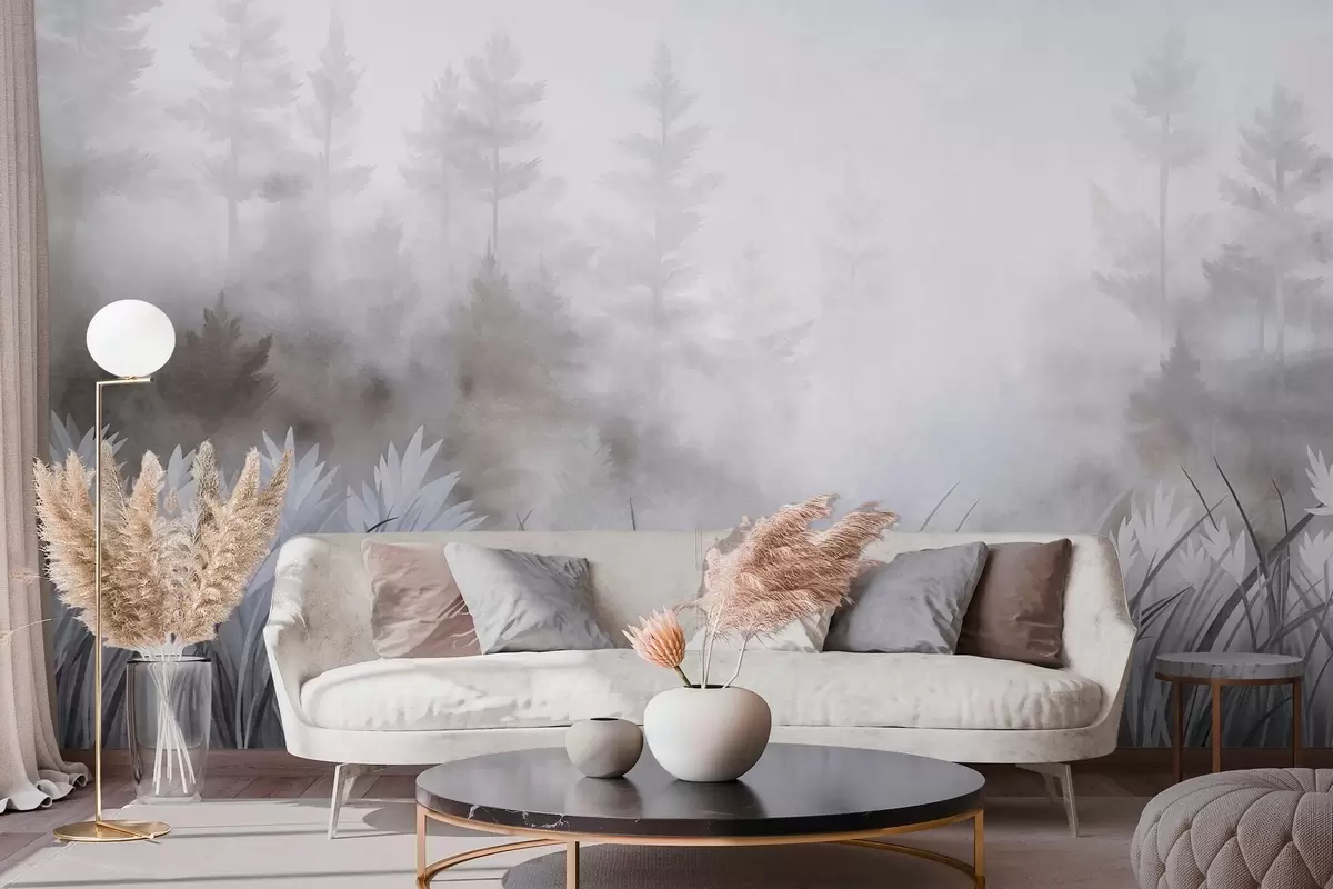 murais de parede Paisagem com gramíneas altas e uma floresta de pinheiros, em estilo minimalista com textura w10082v1