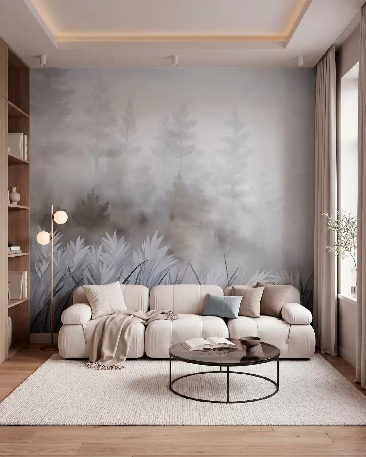 murais de parede Paisagem com gramíneas altas e uma floresta de pinheiros, em estilo minimalista com textura w10082v1