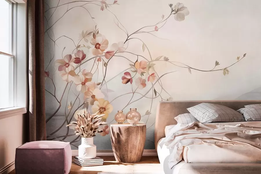 murais de parede Trepadeiras sinuosas com delicadas flores nas cores de pêssego e creme w10083