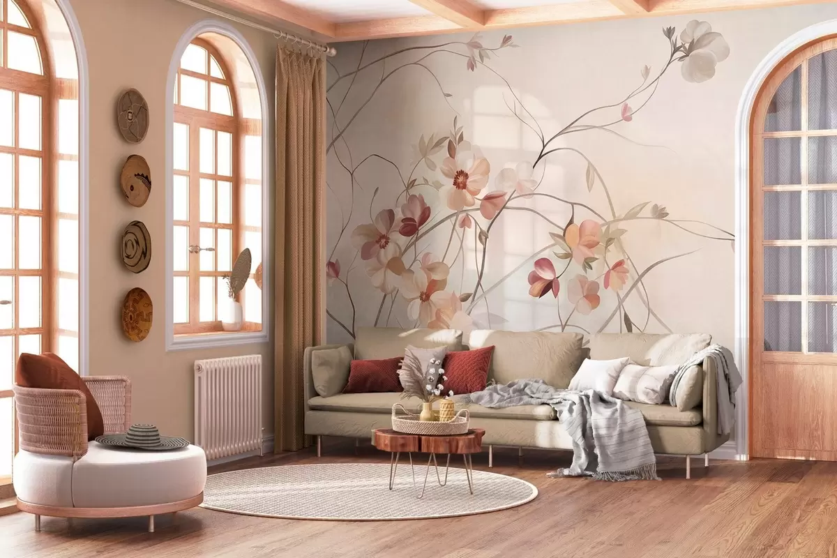 murais de parede Trepadeiras sinuosas com delicadas flores nas cores de pêssego e creme w10083