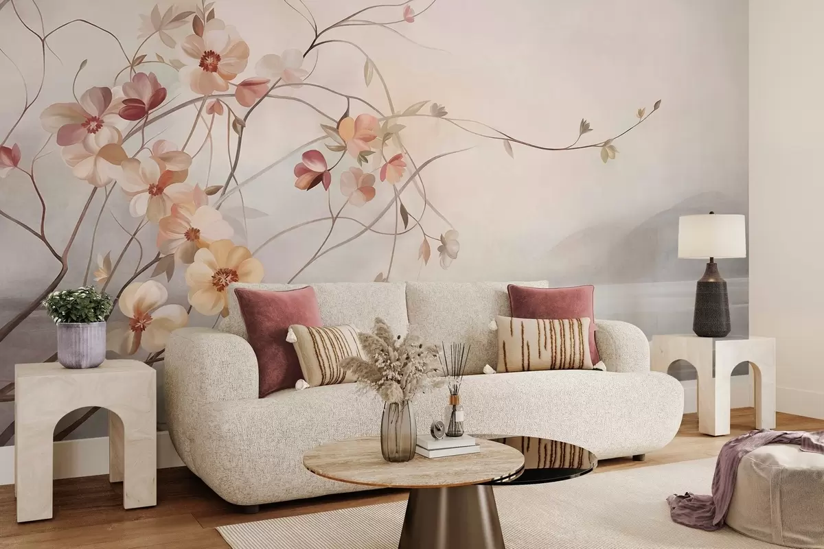 murais de parede Trepadeiras sinuosas com delicadas flores nas cores de pêssego e creme w10083
