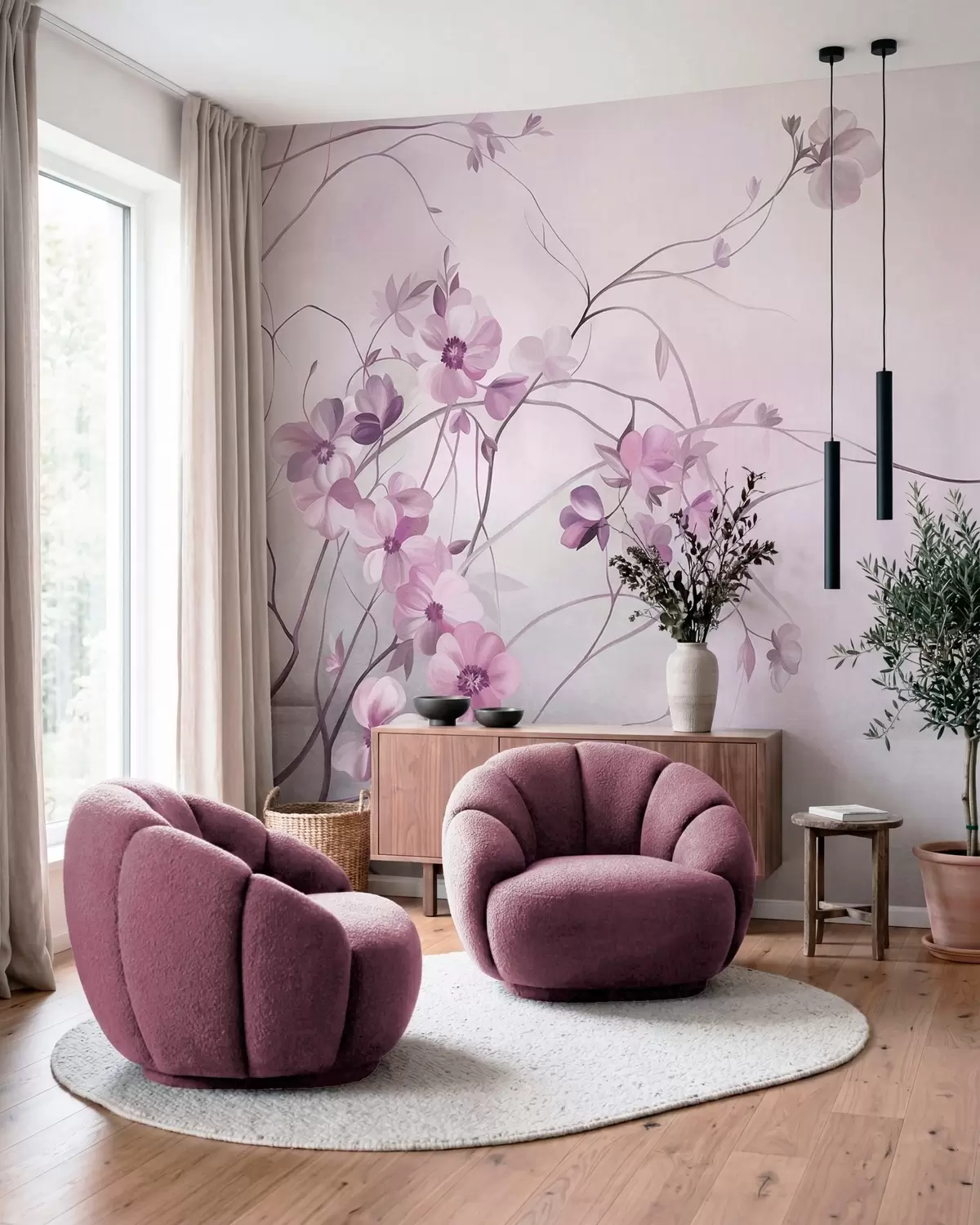 murais de parede Trepadeiras sinuosas com delicadas flores em tons suaves de rosa w10083v1