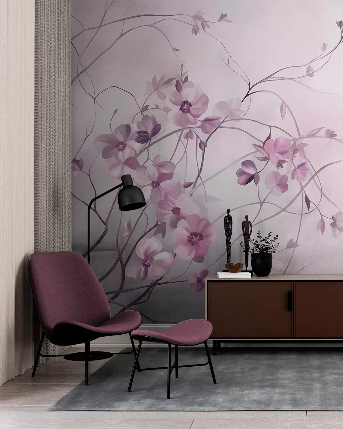 murais de parede Trepadeiras sinuosas com delicadas flores em tons suaves de rosa w10083v1