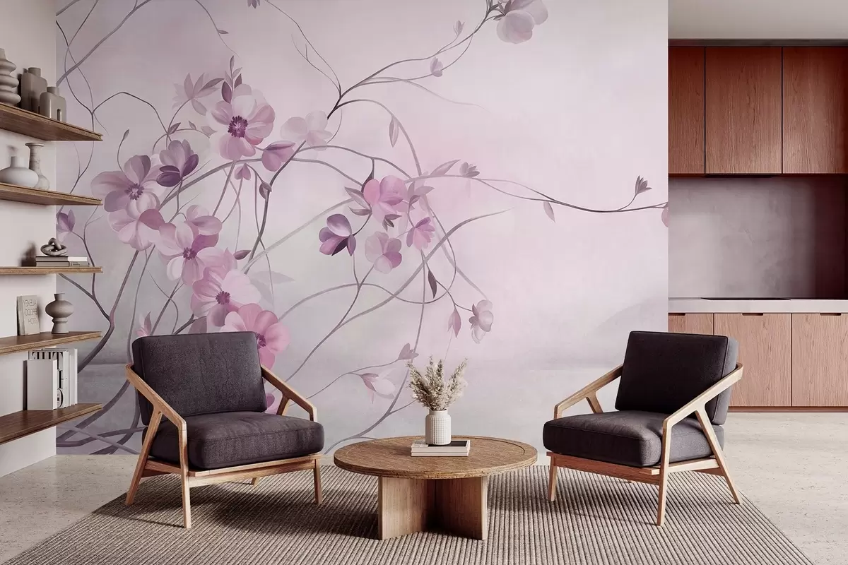 murais de parede Trepadeiras sinuosas com delicadas flores em tons suaves de rosa w10083v1