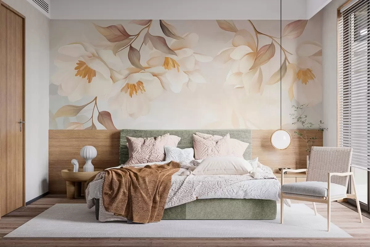 murais de parede Flores de magnólia com delicadas folhas marrons penduradas nos galhos w10086