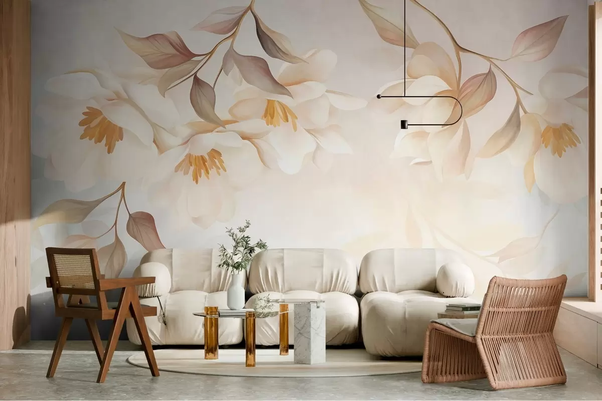 murais de parede Flores de magnólia com delicadas folhas marrons penduradas nos galhos w10086