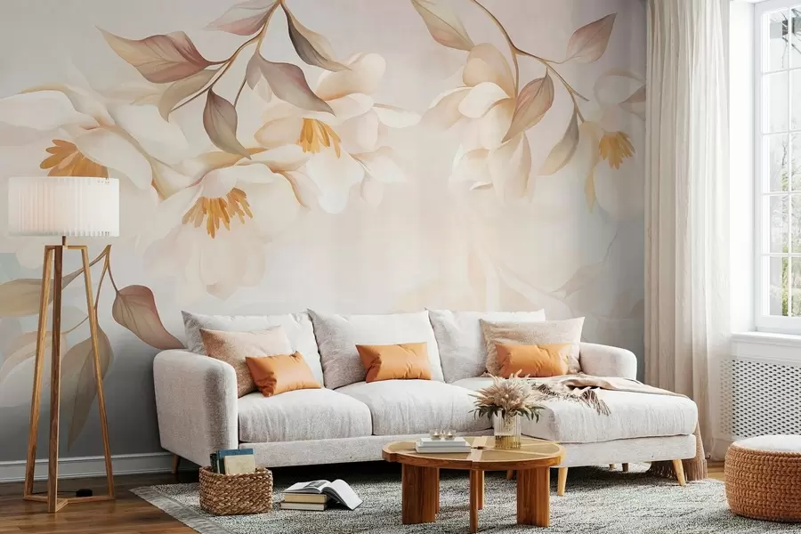 murais de parede Flores de magnólia com delicadas folhas marrons penduradas nos galhos w10086