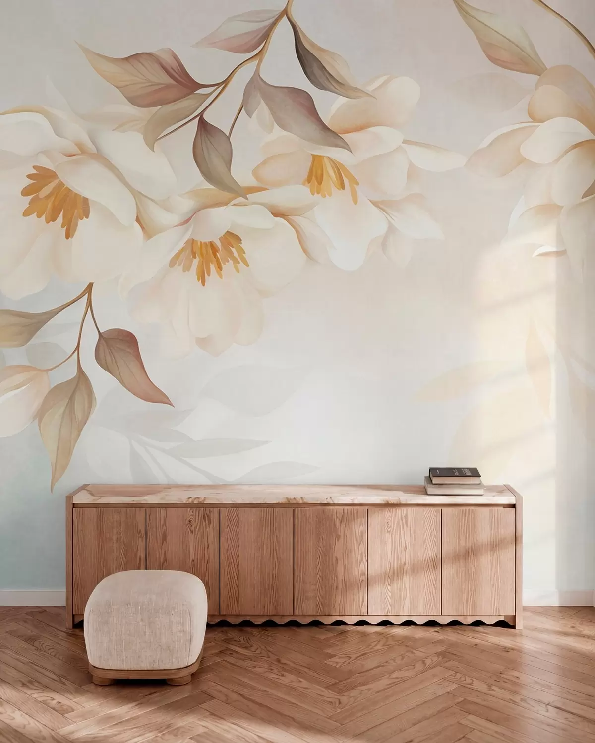 murais de parede Flores de magnólia com delicadas folhas marrons penduradas nos galhos w10086