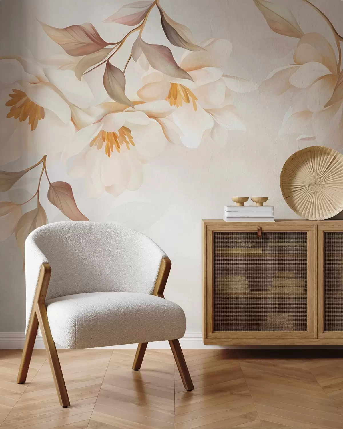 murais de parede Flores de magnólia com delicadas folhas marrons penduradas nos galhos w10086