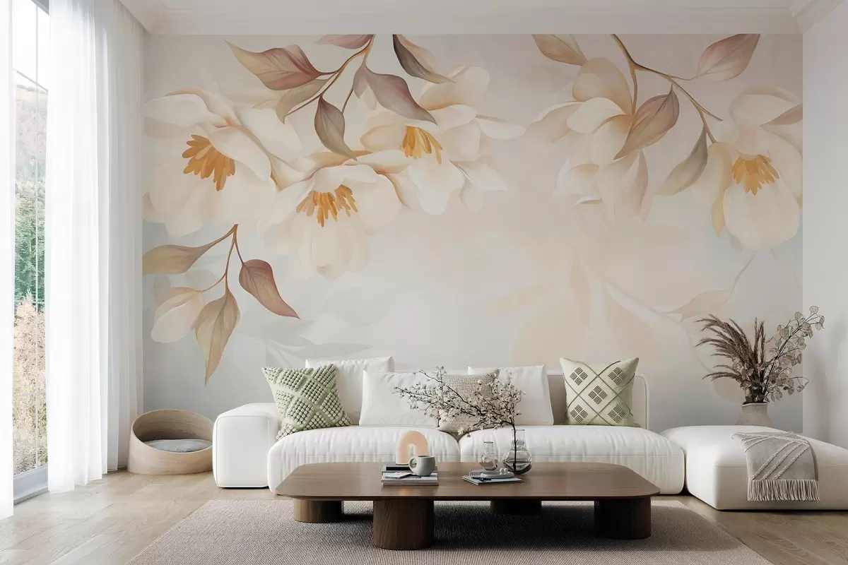 murais de parede Flores de magnólia com delicadas folhas marrons penduradas nos galhos w10086