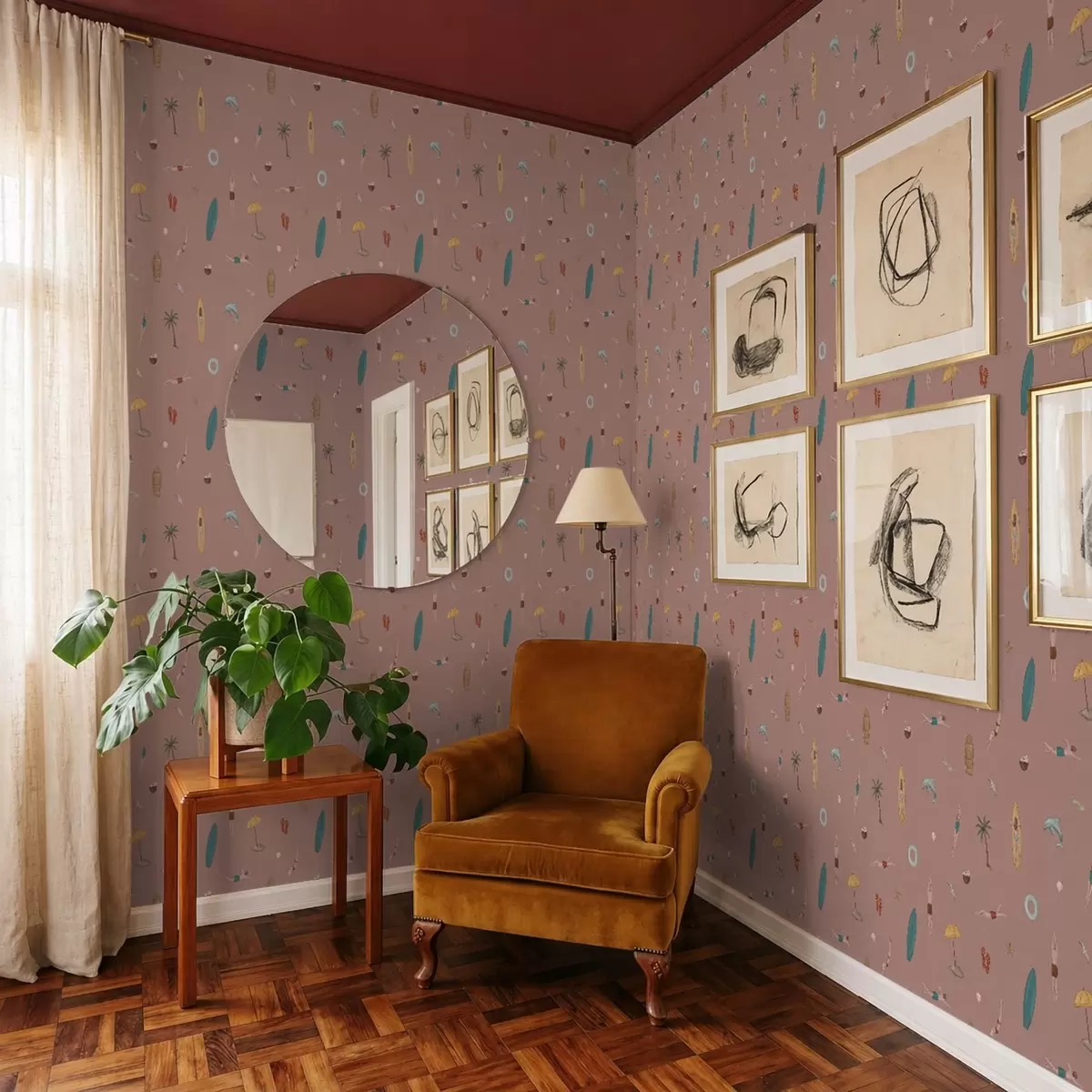 Papel de parede Motivos de nadadores, golfinhos e motivos tropicais sobre um fundo rosa a01275v1