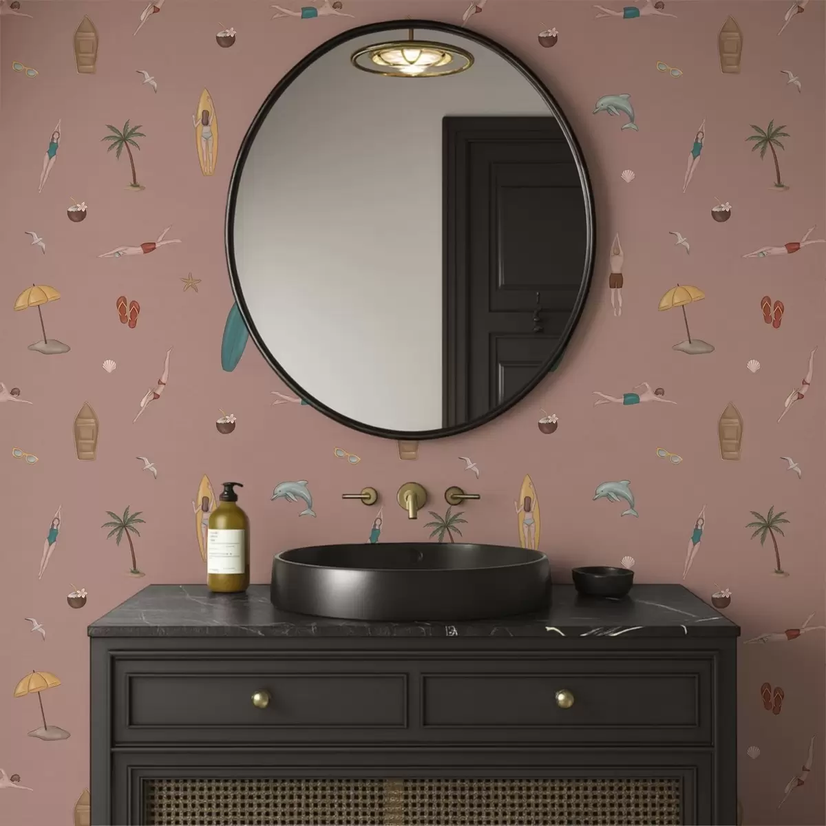 Papel de parede Motivos de nadadores, golfinhos e motivos tropicais sobre um fundo rosa a01275v1