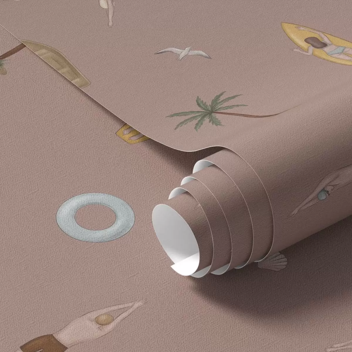 Papel de parede Motivos de nadadores, golfinhos e motivos tropicais sobre um fundo rosa a01275v1