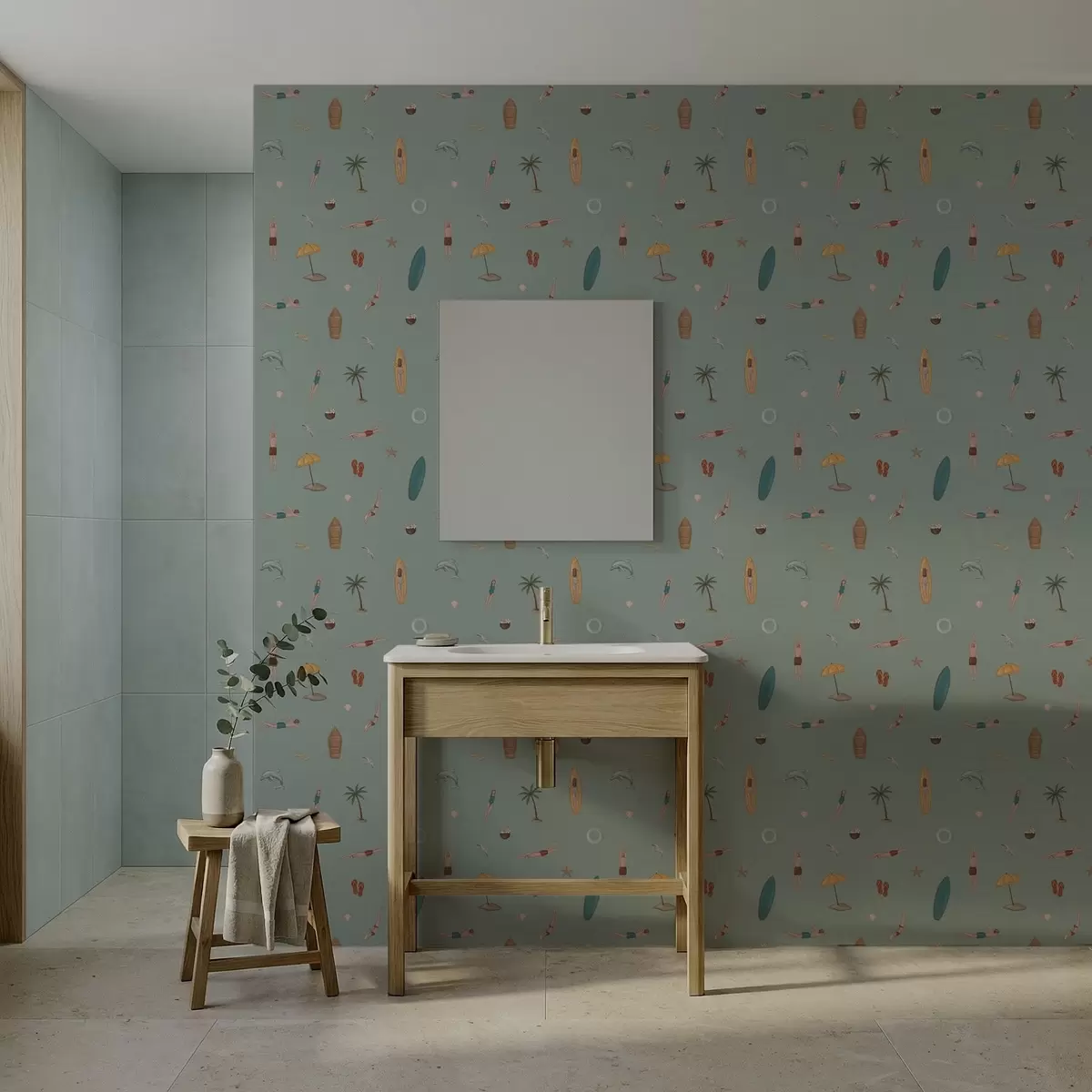 Papel de parede Nadadores, golfinhos e acessórios de praia em um fundo verde a01275v2