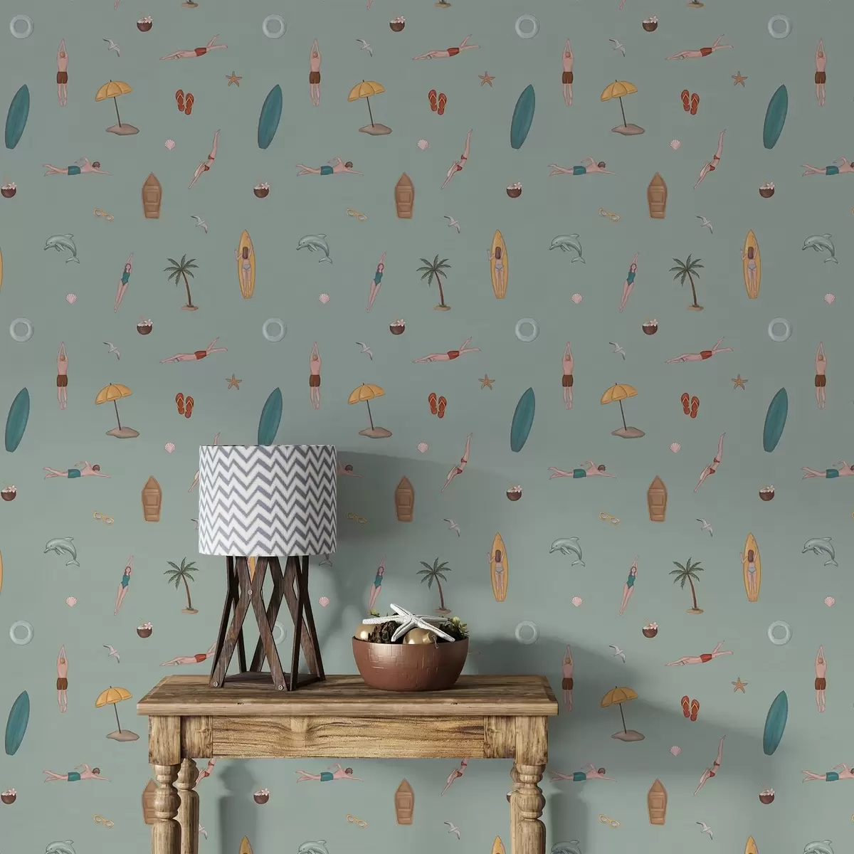 Papel de parede Nadadores, golfinhos e acessórios de praia em um fundo verde a01275v2