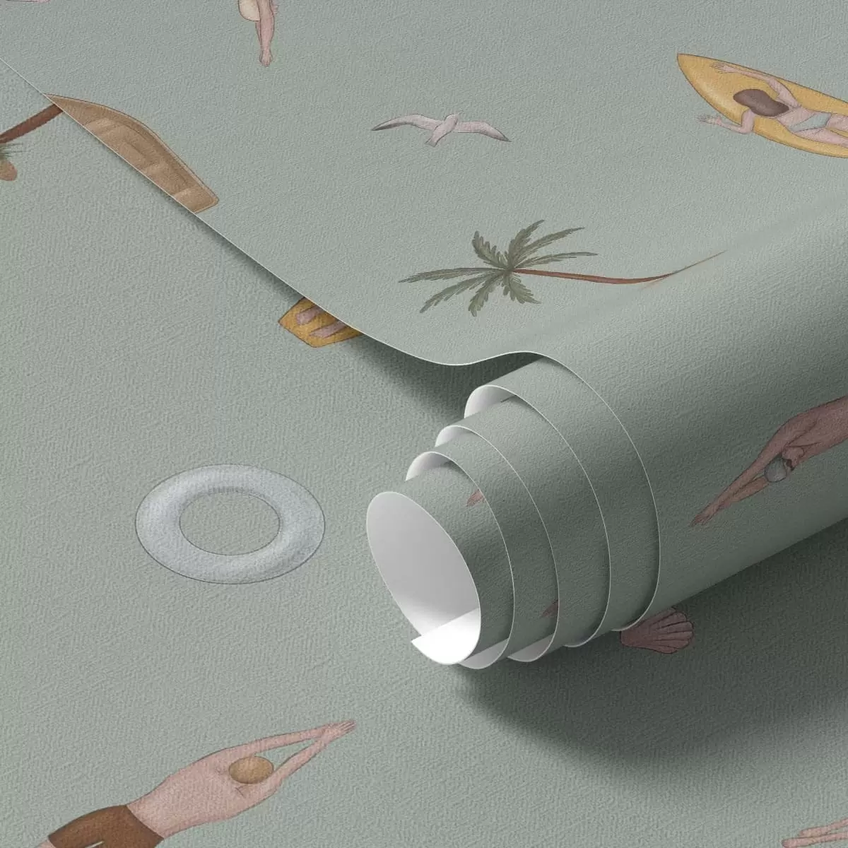 Papel de parede Nadadores, golfinhos e acessórios de praia em um fundo verde a01275v2