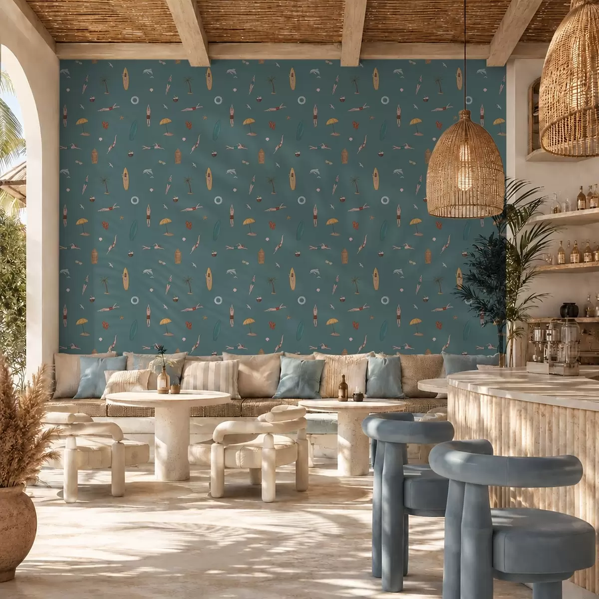 Papel de parede Motivos de nadadores, golfinhos e elementos tropicais sobre um fundo azul-petróleo escuro a01275v3