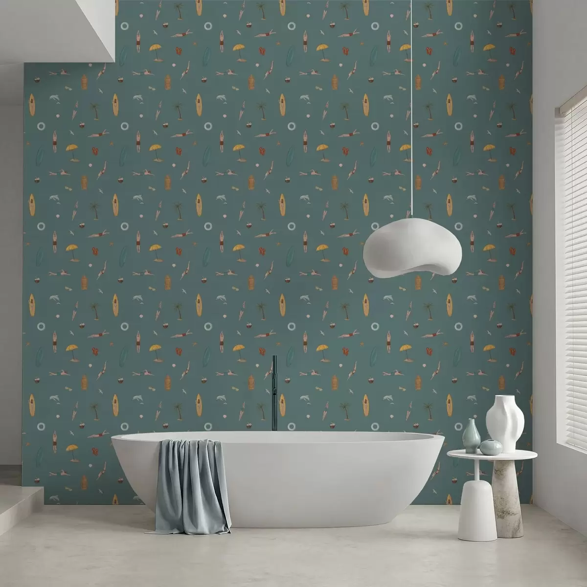 Papel de parede Motivos de nadadores, golfinhos e elementos tropicais sobre um fundo azul-petróleo escuro a01275v3