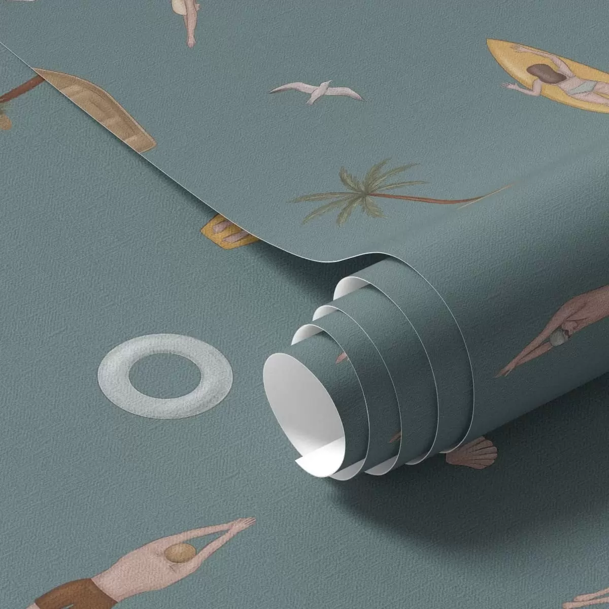 Papel de parede Motivos de nadadores, golfinhos e elementos tropicais sobre um fundo azul-petróleo escuro a01275v3