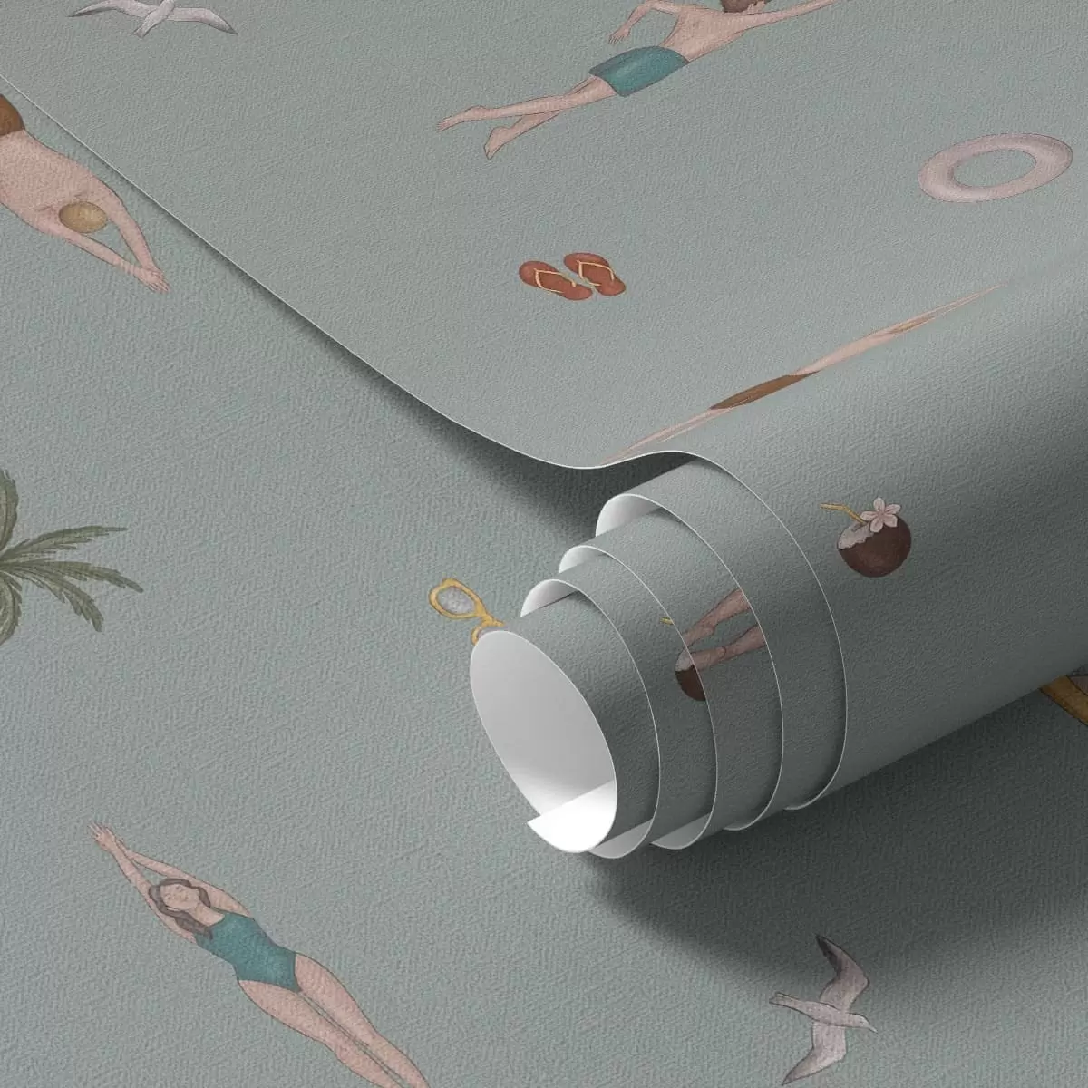 Papel de parede Nadadores, palmeiras e acessórios de praia sobre um fundo verde-salva a01276v1