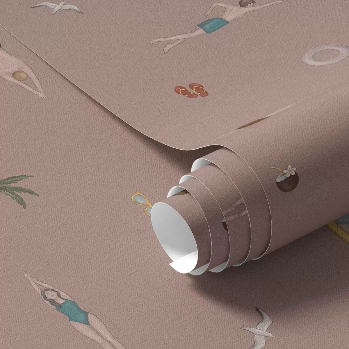Papel de parede Nadadores, palmeiras e acessórios de praia sobre um fundo rosa a01276v2