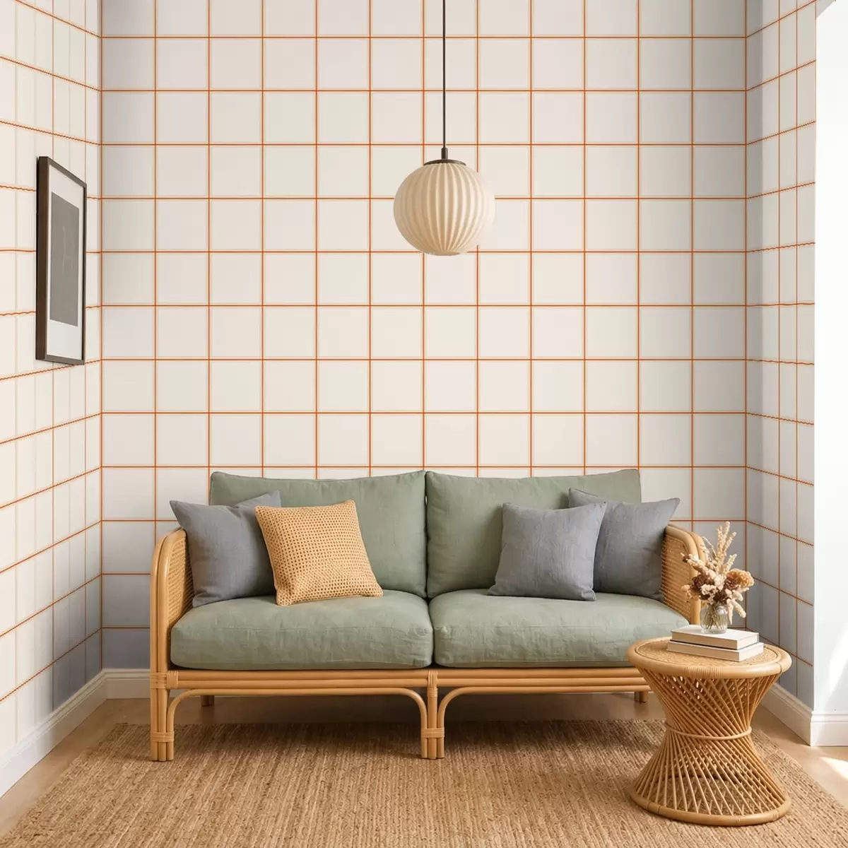 Papel de parede Grelha de nove quadrados bege com bordas em terracota a01277
