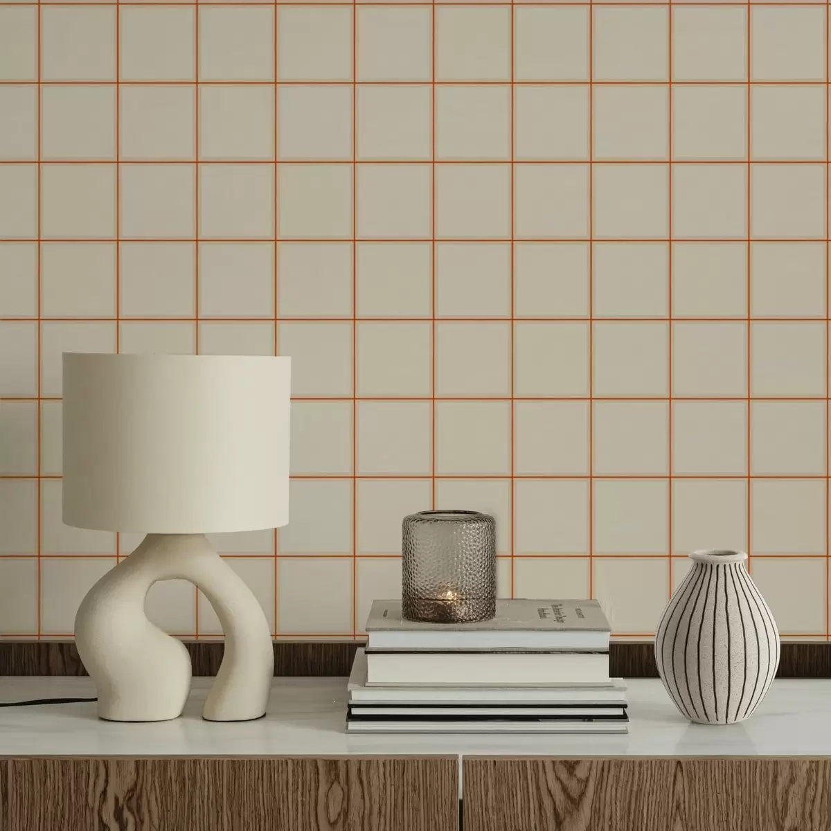 Papel de parede Grelha de nove quadrados bege com bordas em terracota a01277