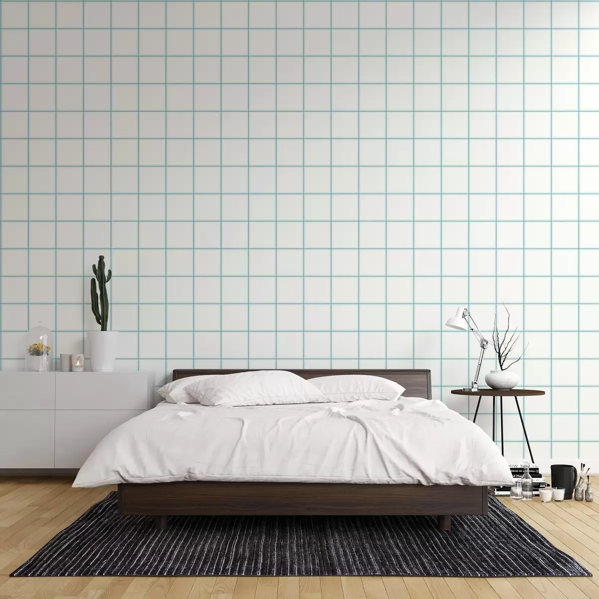 Papel de parede Grelha de nove quadrados brancos com bordas em azul claro a01277v1