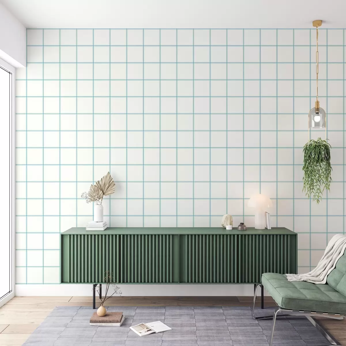 Papel de parede Grelha de nove quadrados brancos com bordas em azul claro a01277v1