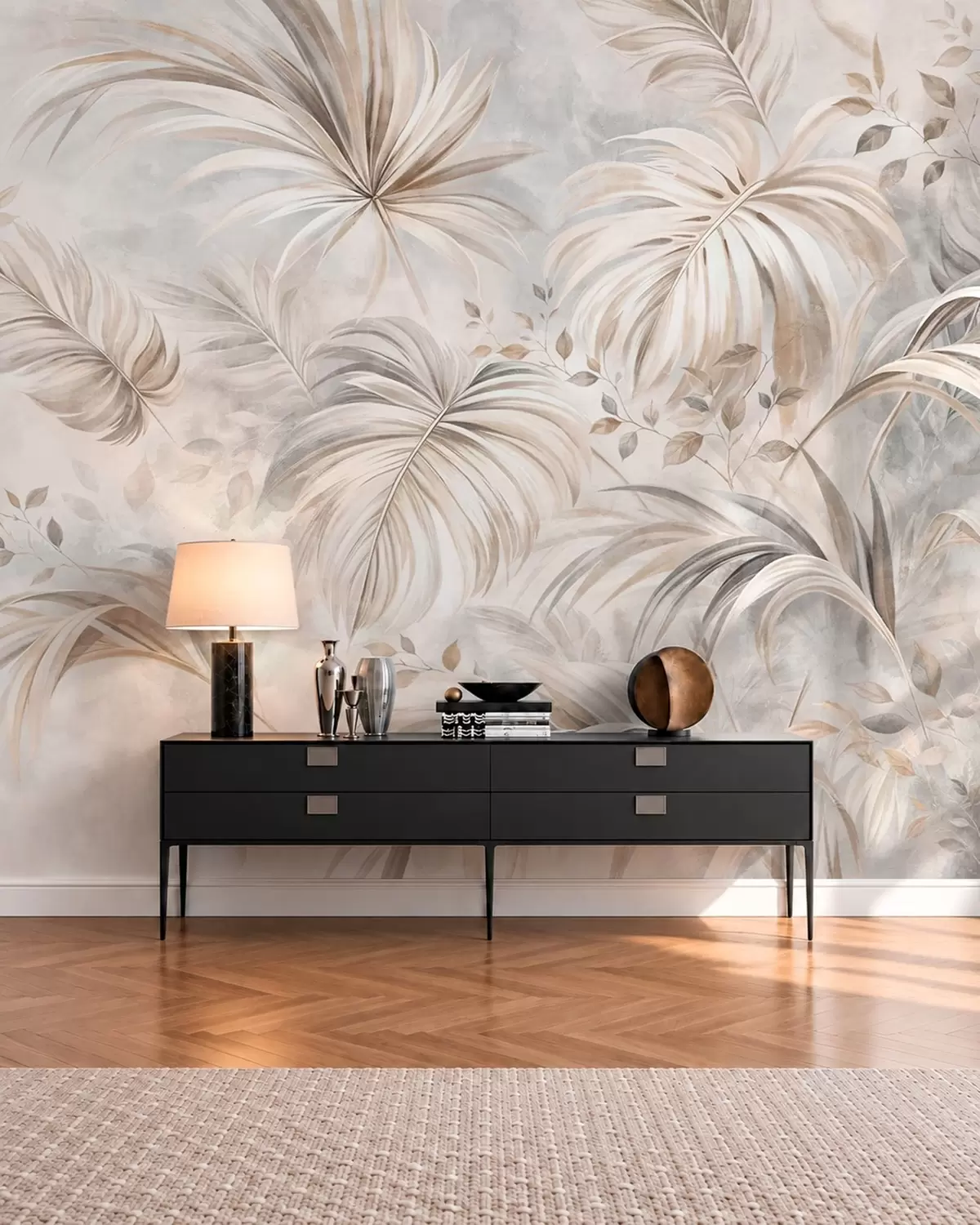 murais de parede Folhagem tropical em tons suaves de bege e cinza w05956
