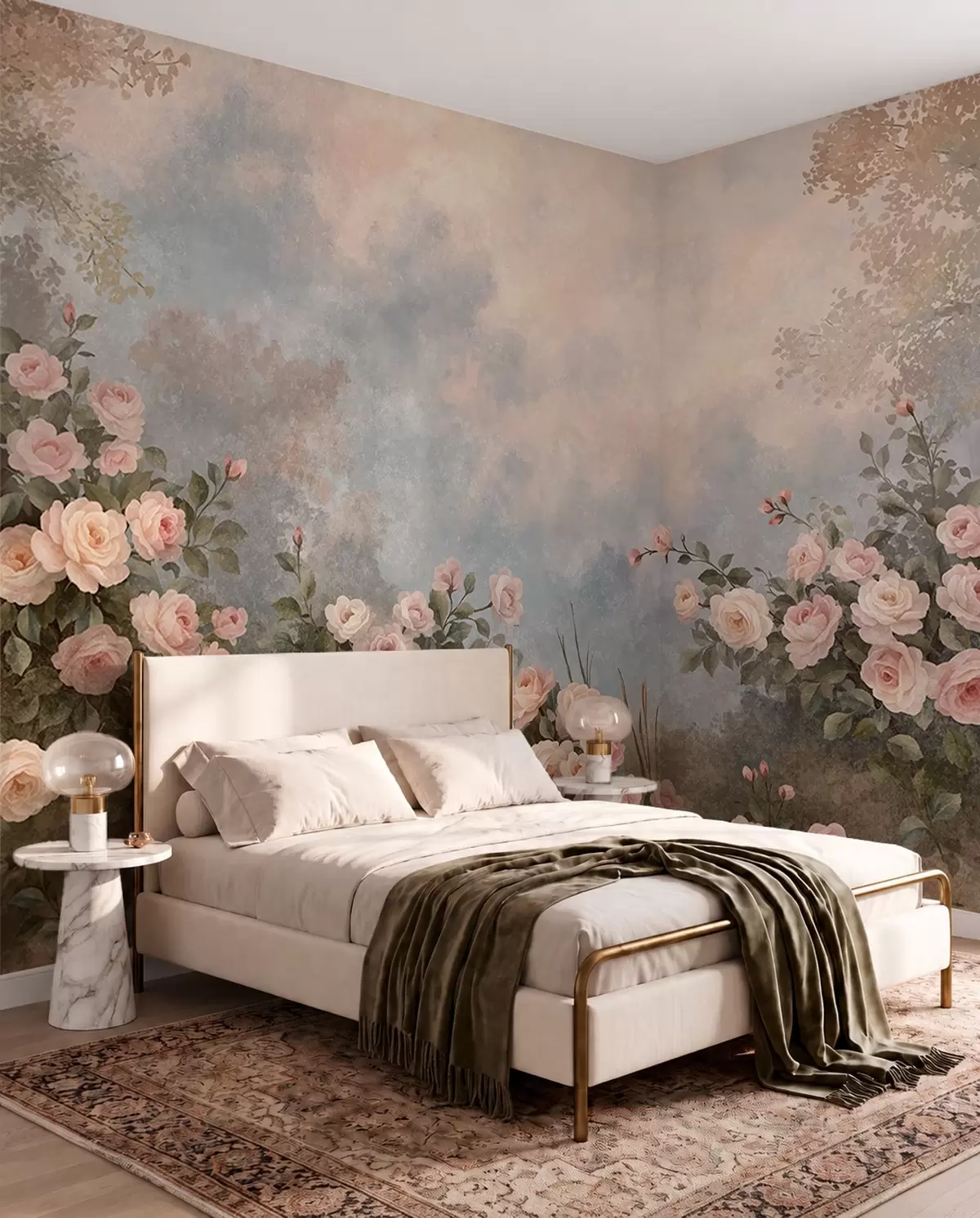 murais de parede Arbustos de rosas de um rosa exuberante contra uma paisagem enevoada w05888
