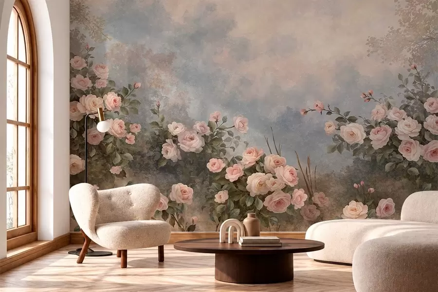 murais de parede Arbustos de rosas de um rosa exuberante contra uma paisagem enevoada w05888