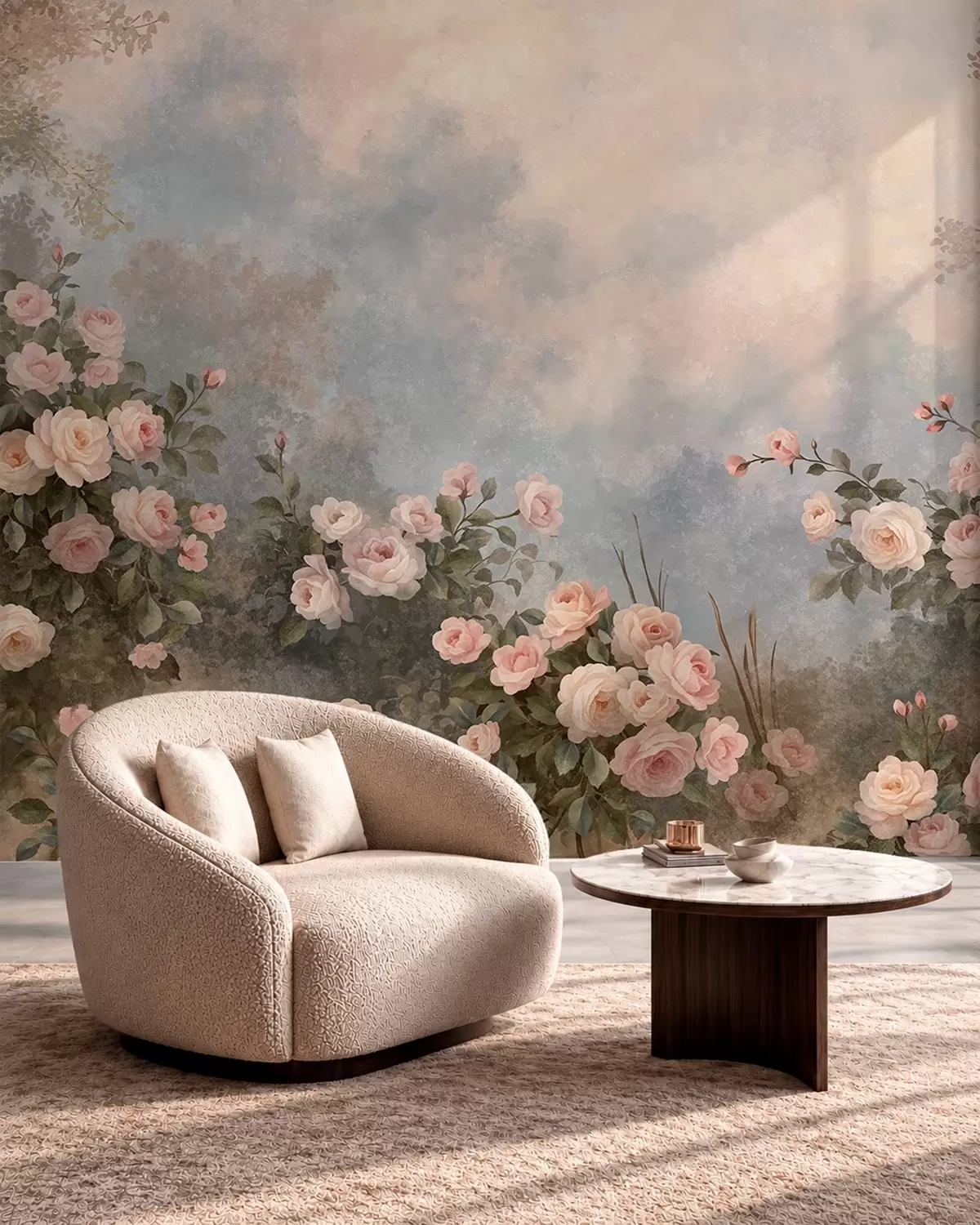 murais de parede Arbustos de rosas de um rosa exuberante contra uma paisagem enevoada w05888