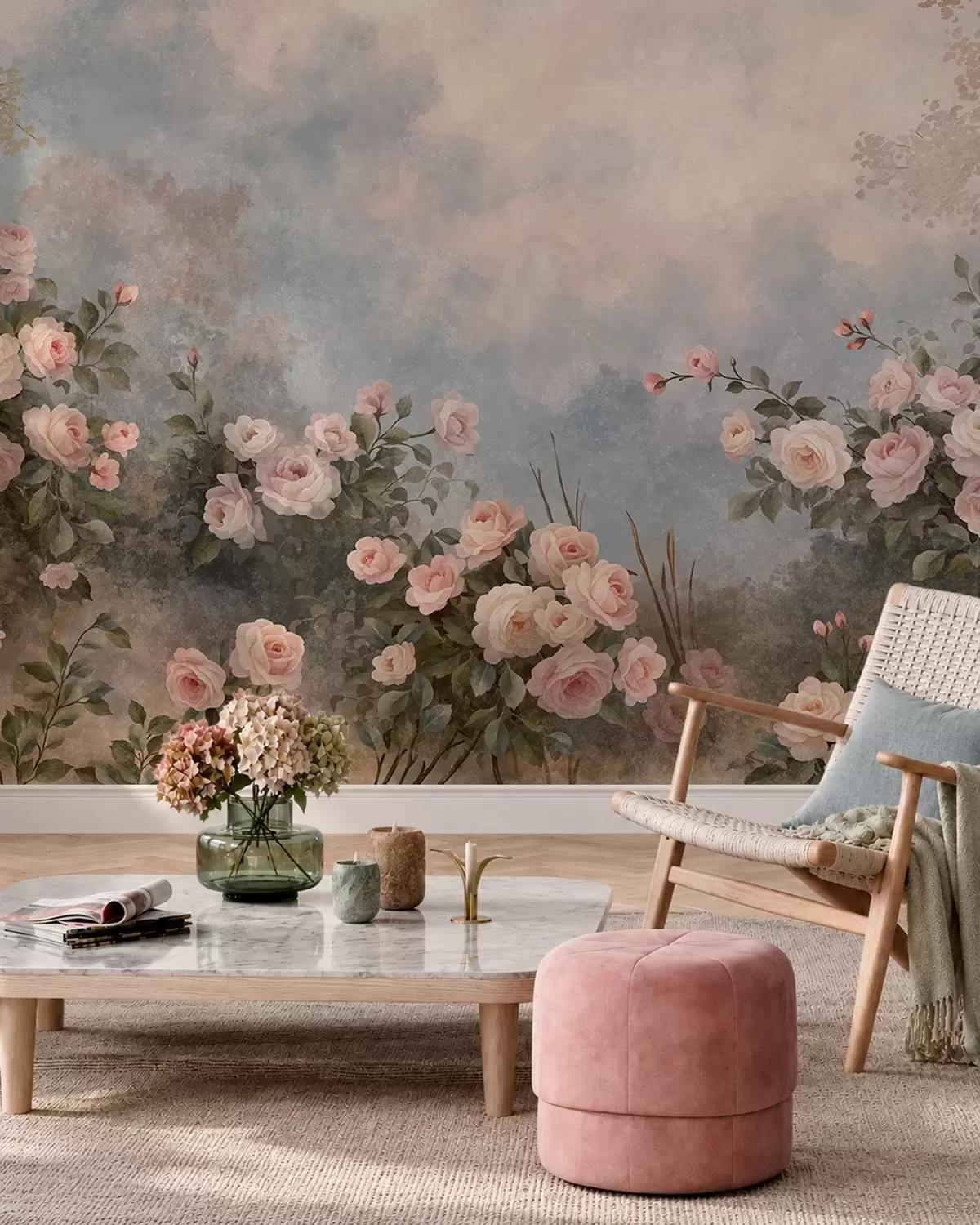 murais de parede Arbustos de rosas de um rosa exuberante contra uma paisagem enevoada w05888