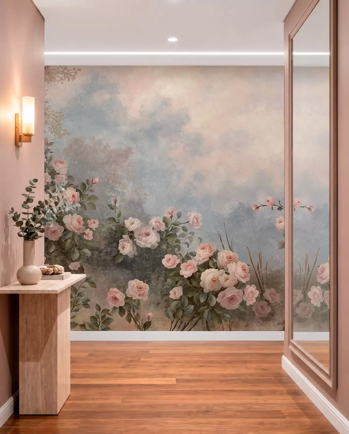 murais de parede Arbustos de rosas de um rosa exuberante contra uma paisagem enevoada w05888