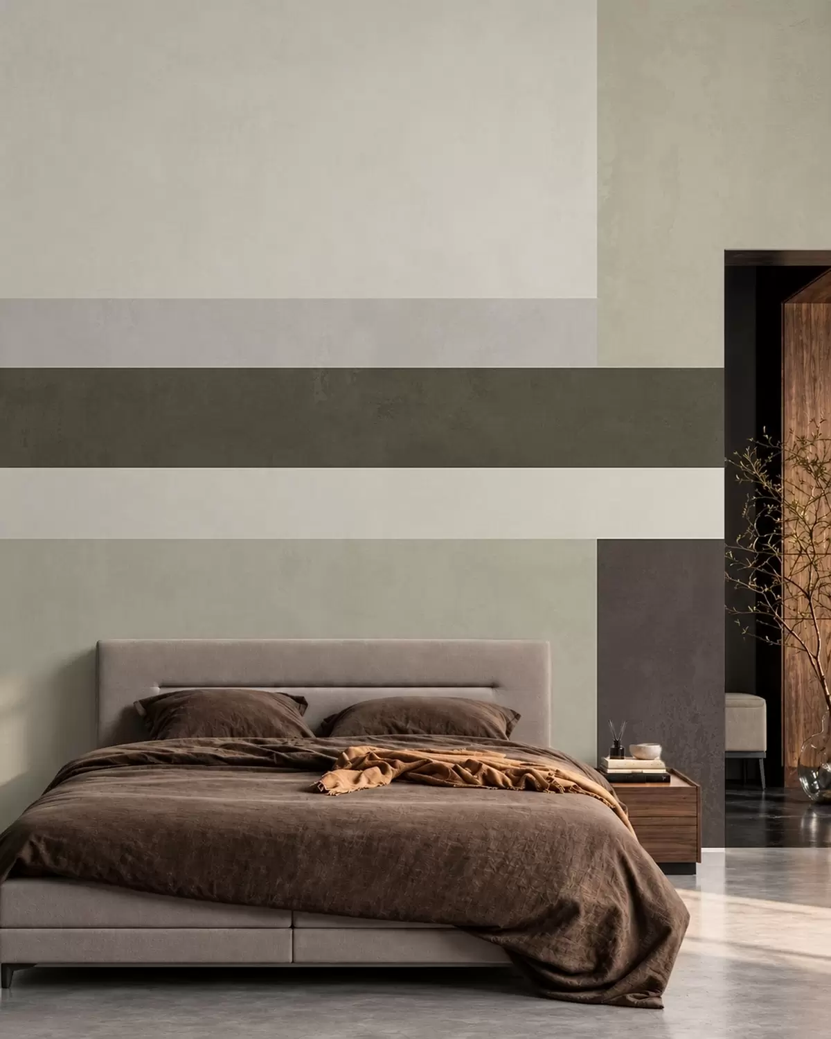 murais de parede Composição geométrica com blocos nas cores verde-oliva, cinza e bege w05890v3