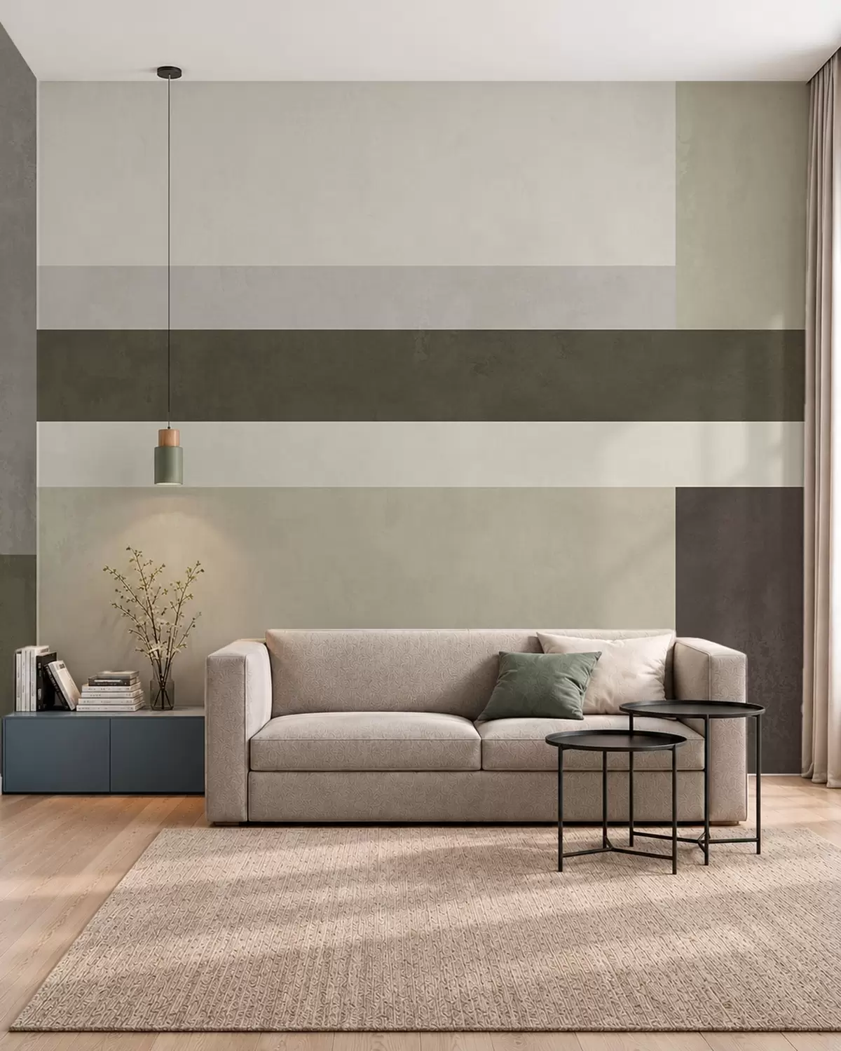 murais de parede Composição geométrica com blocos nas cores verde-oliva, cinza e bege w05890v3