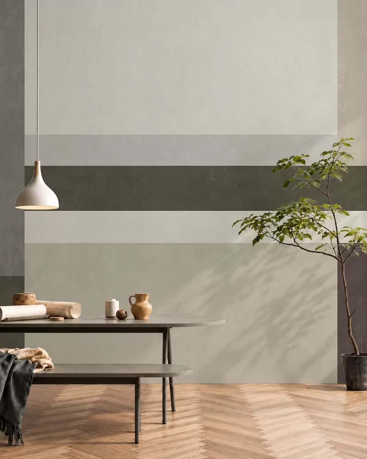 murais de parede Composição geométrica com blocos nas cores verde-oliva, cinza e bege w05890v3