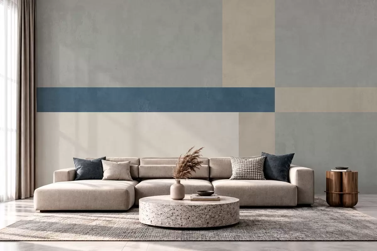 murais de parede Blocos geométricos em tons de cinza e bege com uma faixa azul w05891v1