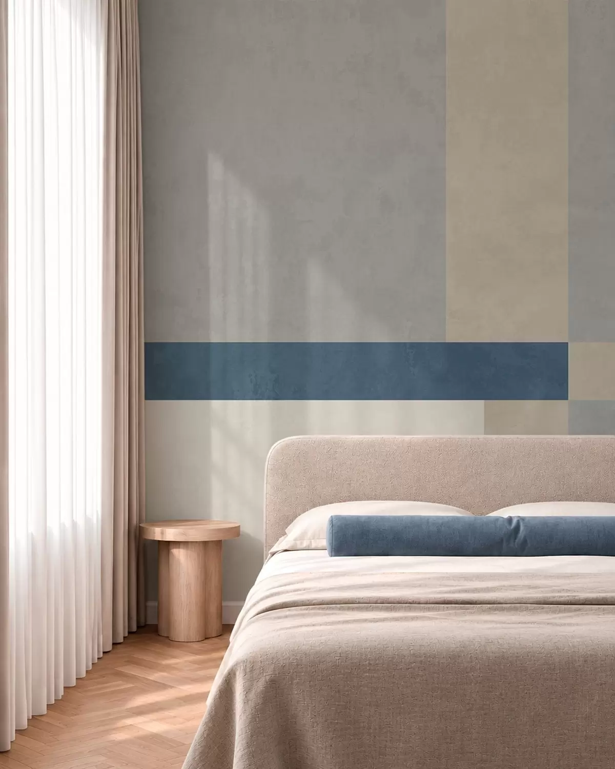 murais de parede Blocos geométricos em tons de cinza e bege com uma faixa azul w05891v1