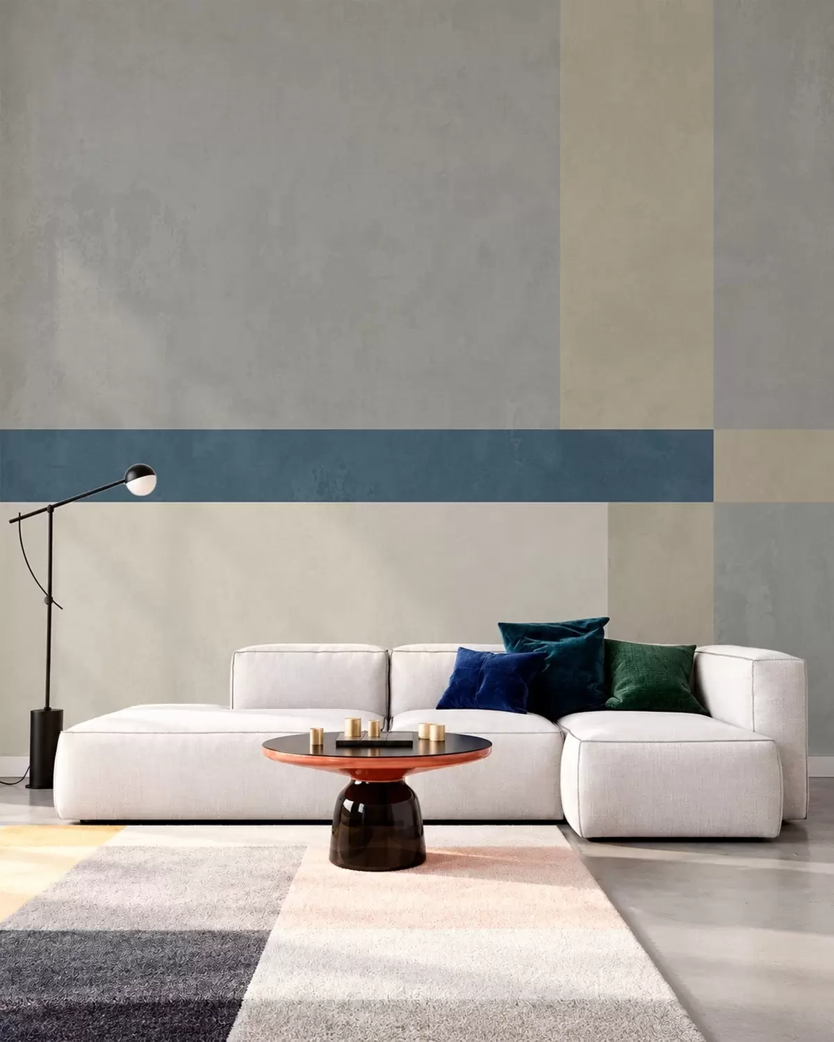 murais de parede Blocos geométricos em tons de cinza e bege com uma faixa azul w05891v1