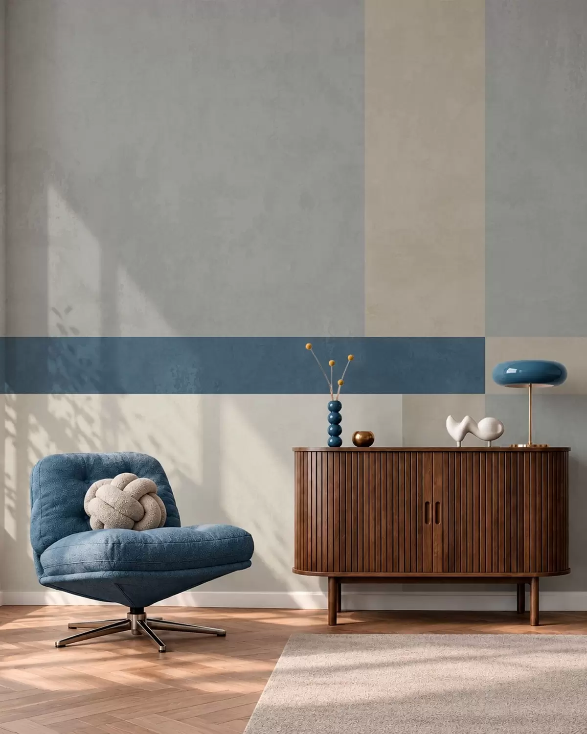 murais de parede Blocos geométricos em tons de cinza e bege com uma faixa azul w05891v1