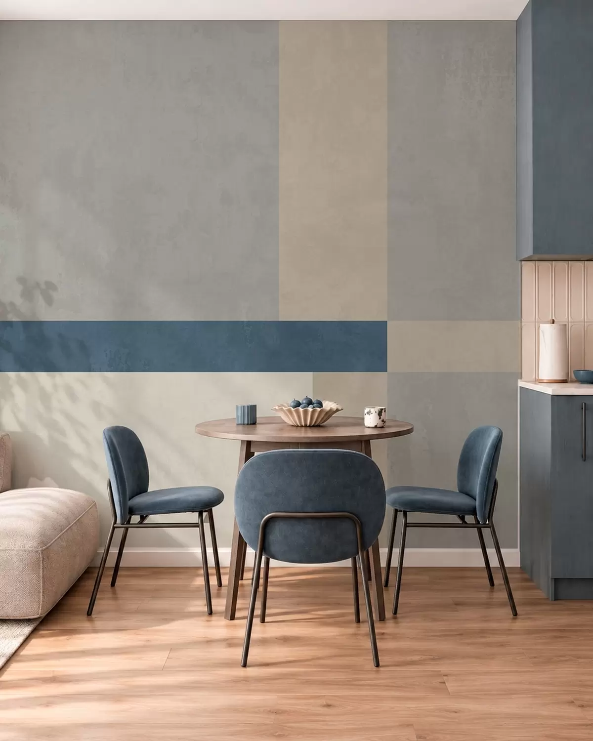 murais de parede Blocos geométricos em tons de cinza e bege com uma faixa azul w05891v1