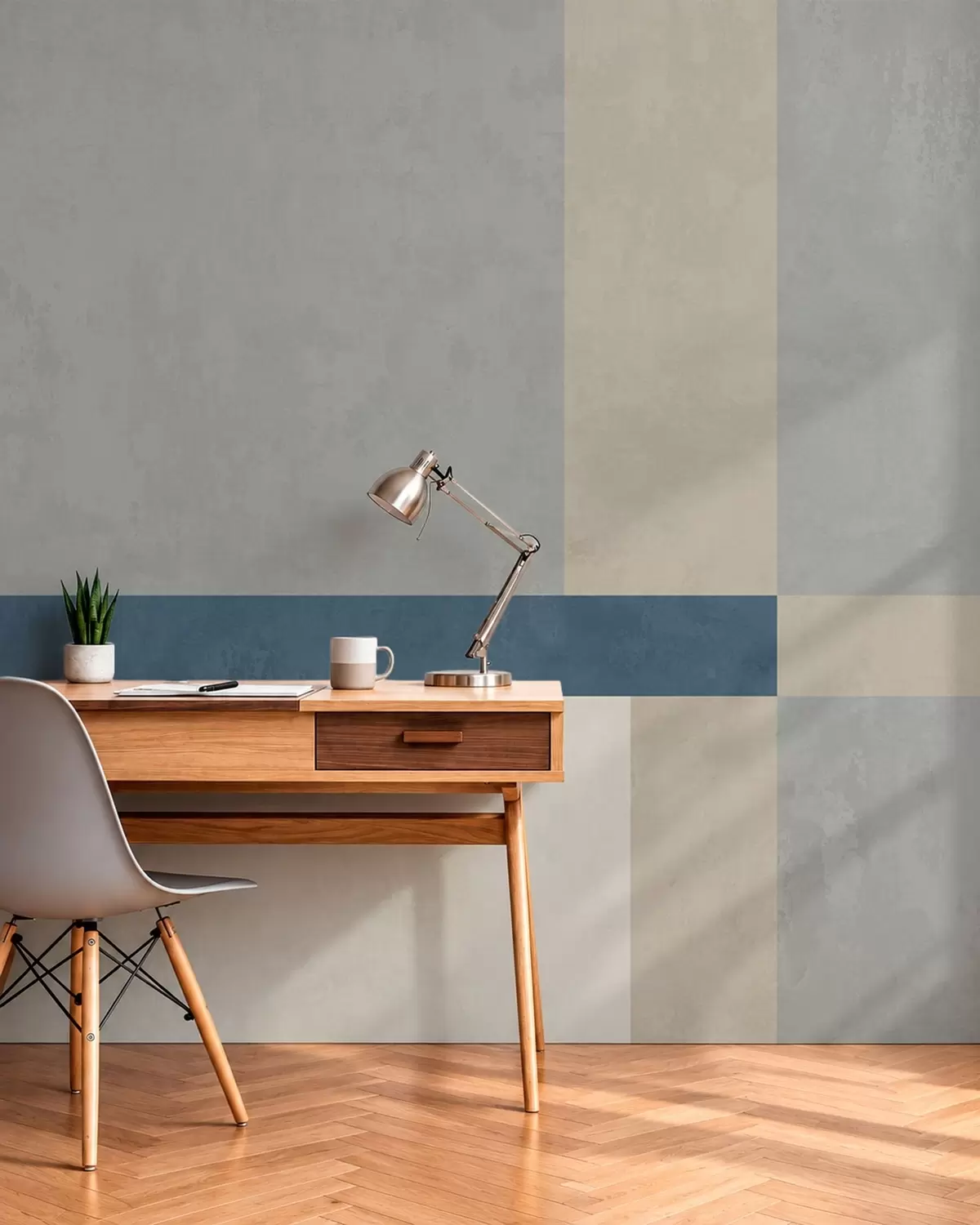 murais de parede Blocos geométricos em tons de cinza e bege com uma faixa azul w05891v1