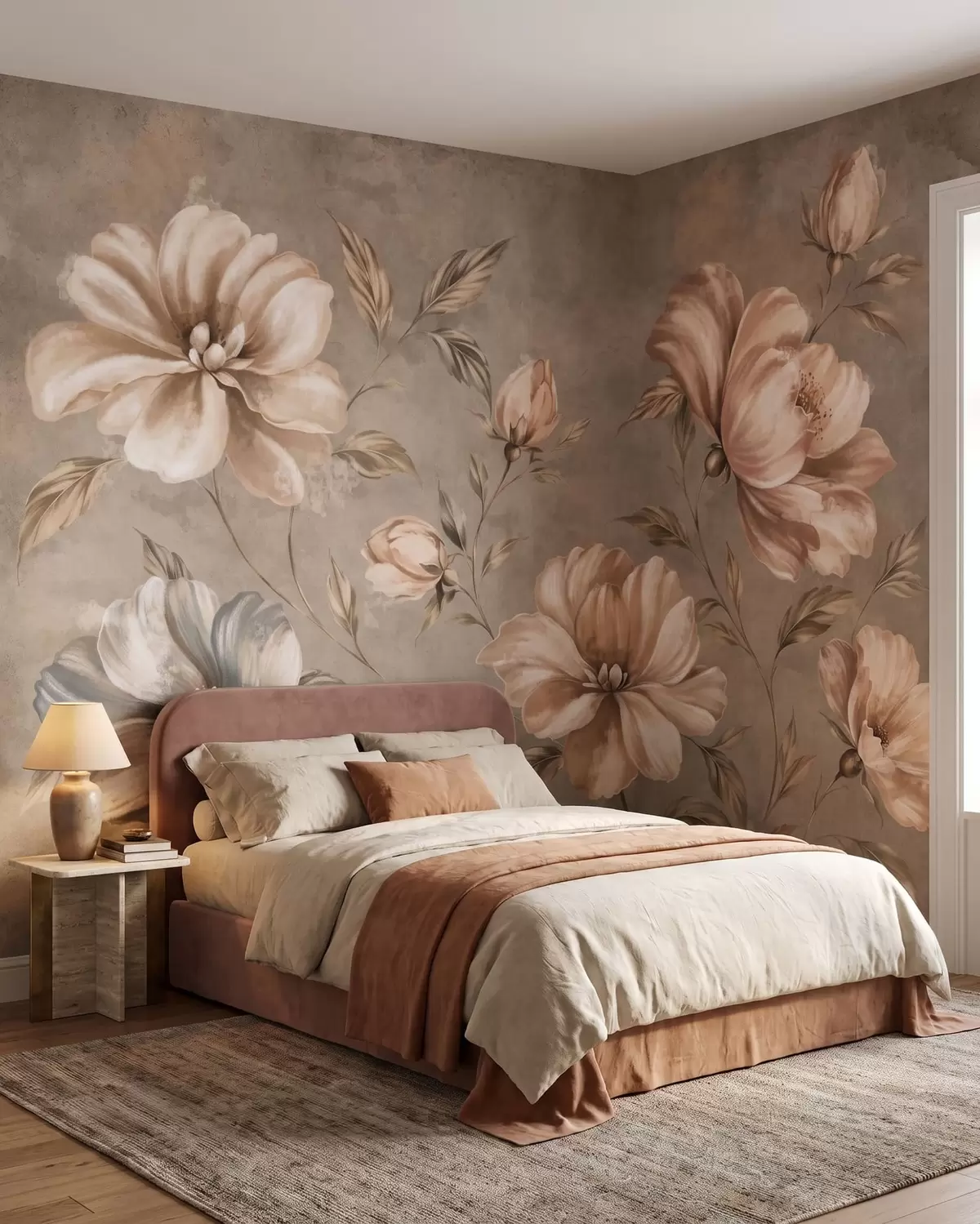 murais de parede Grandes flores nas cores creme e bege, com folhas w05958