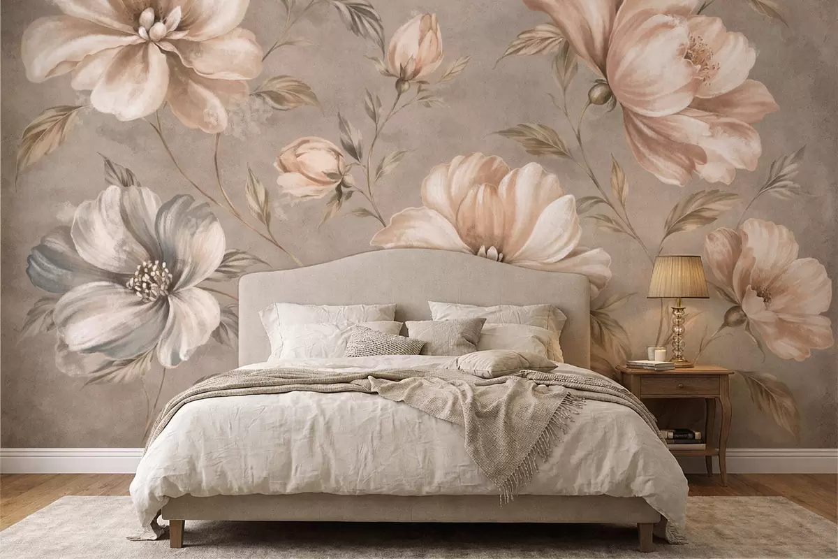 murais de parede Grandes flores nas cores creme e bege, com folhas w05958