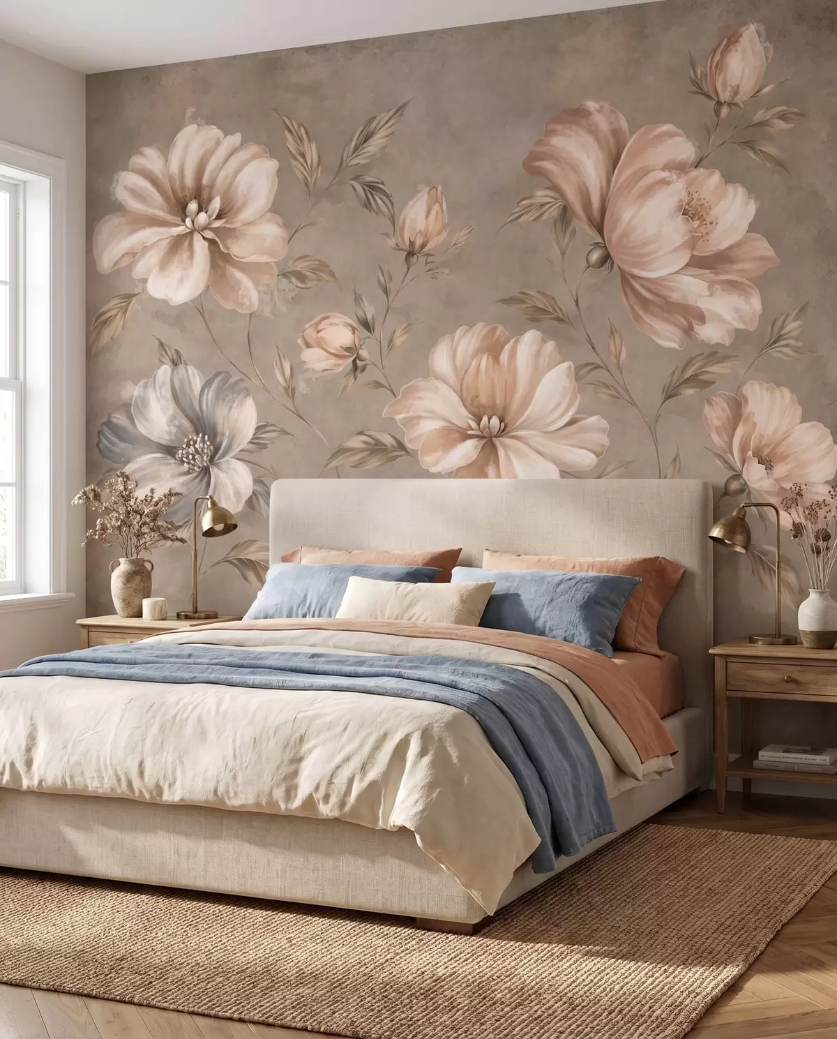 murais de parede Grandes flores nas cores creme e bege, com folhas w05958