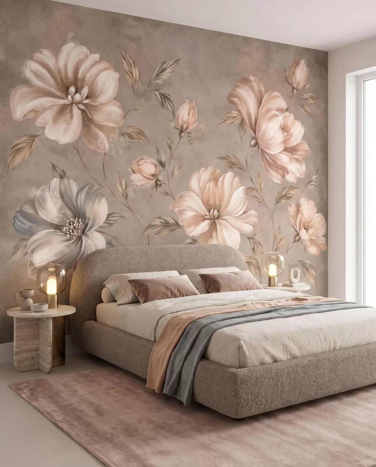 murais de parede Grandes flores nas cores creme e bege, com folhas w05958