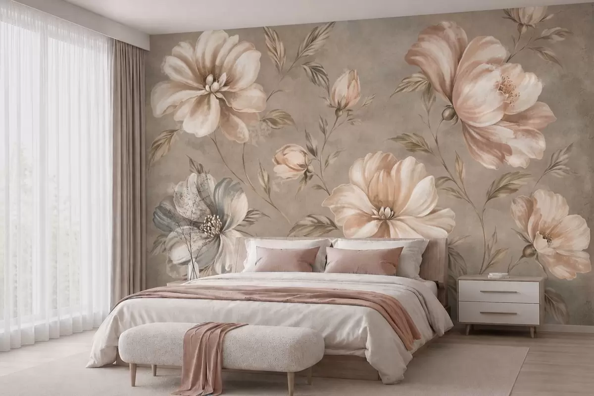 murais de parede Grandes flores nas cores creme e bege, com folhas w05958
